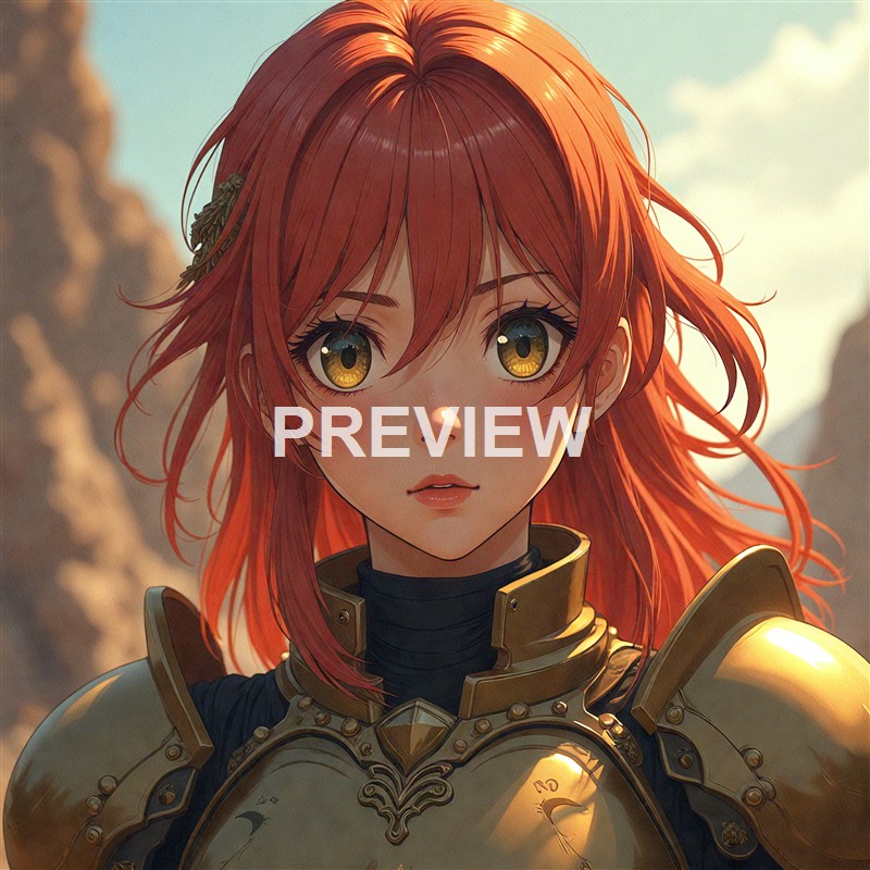 A detailed digital illustration of a young woman with vibrant red hair, golden eyes, and wearing ornate golden armor, set against a background of rocky formations and a cloudy sky.